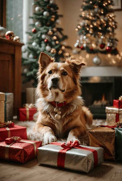 perro delante del árbol de navidad con regalos